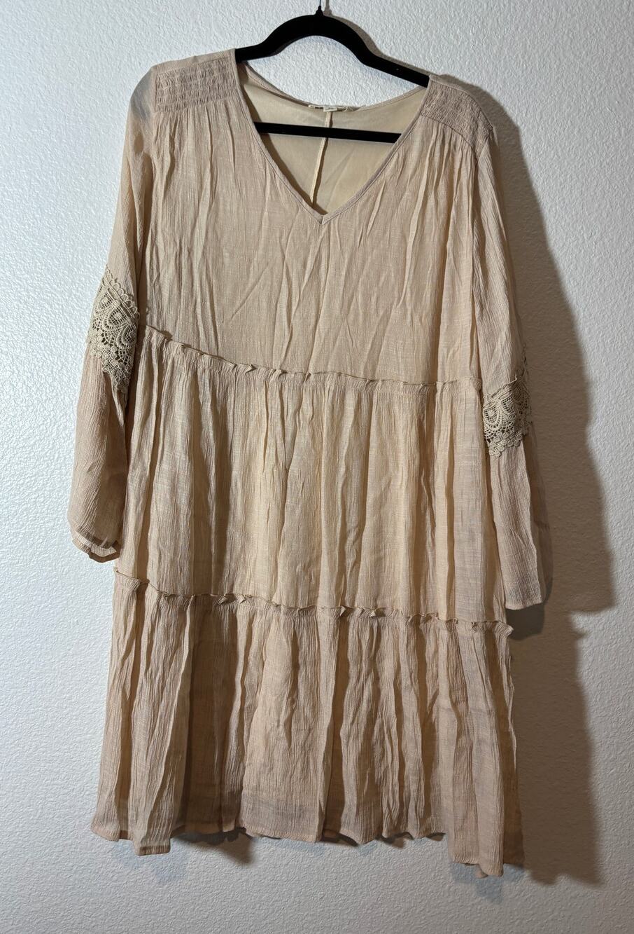 Indigo Rose Size 2X Cream Boho Tiered Dress Crochet Lace Trim Babydoll Midi